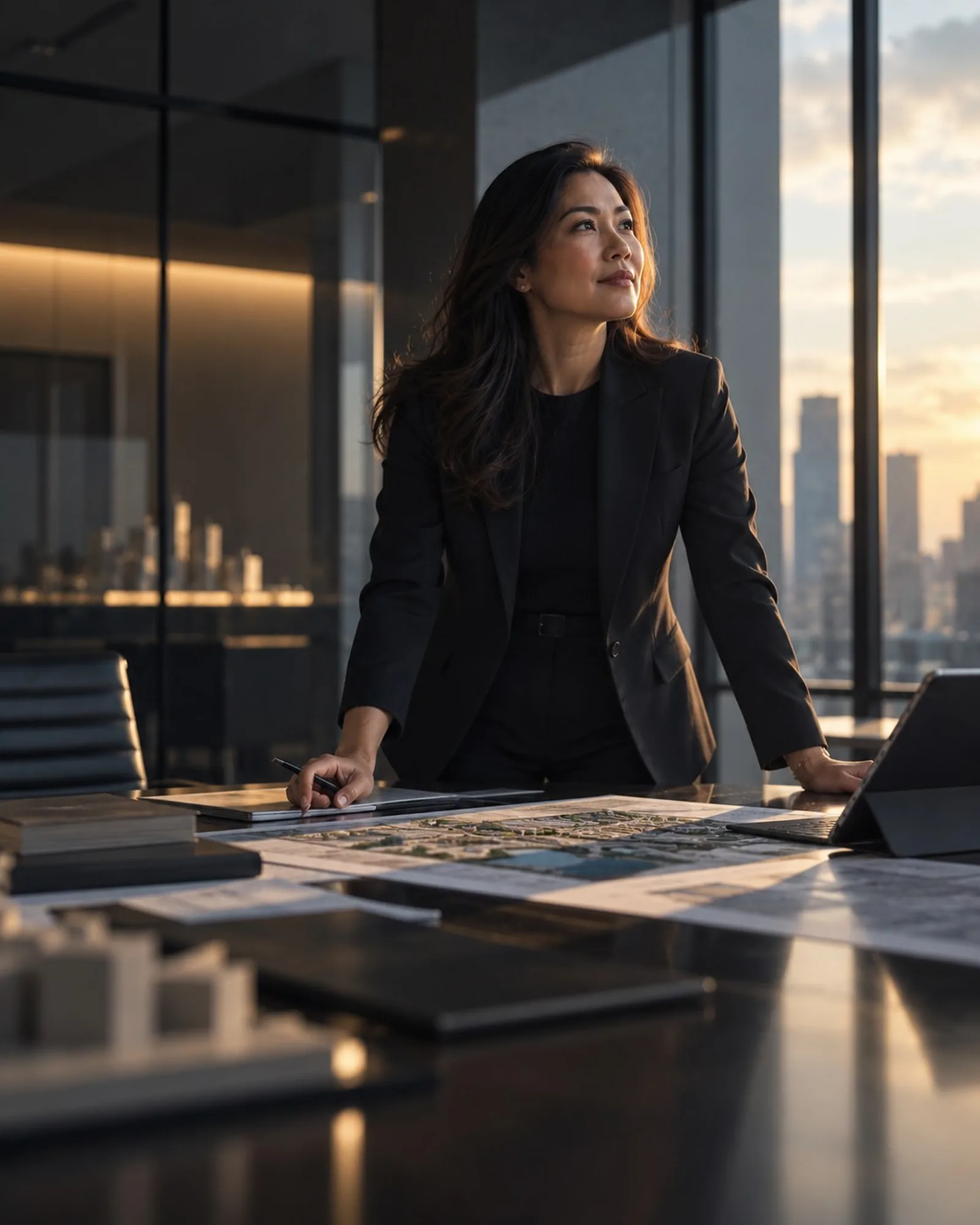 An executive standing at a boardroom table with plans, a city skyline behind her at golden hour