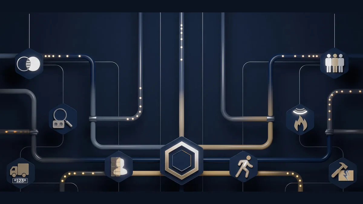 AI analytics streams converging on a central hexagon