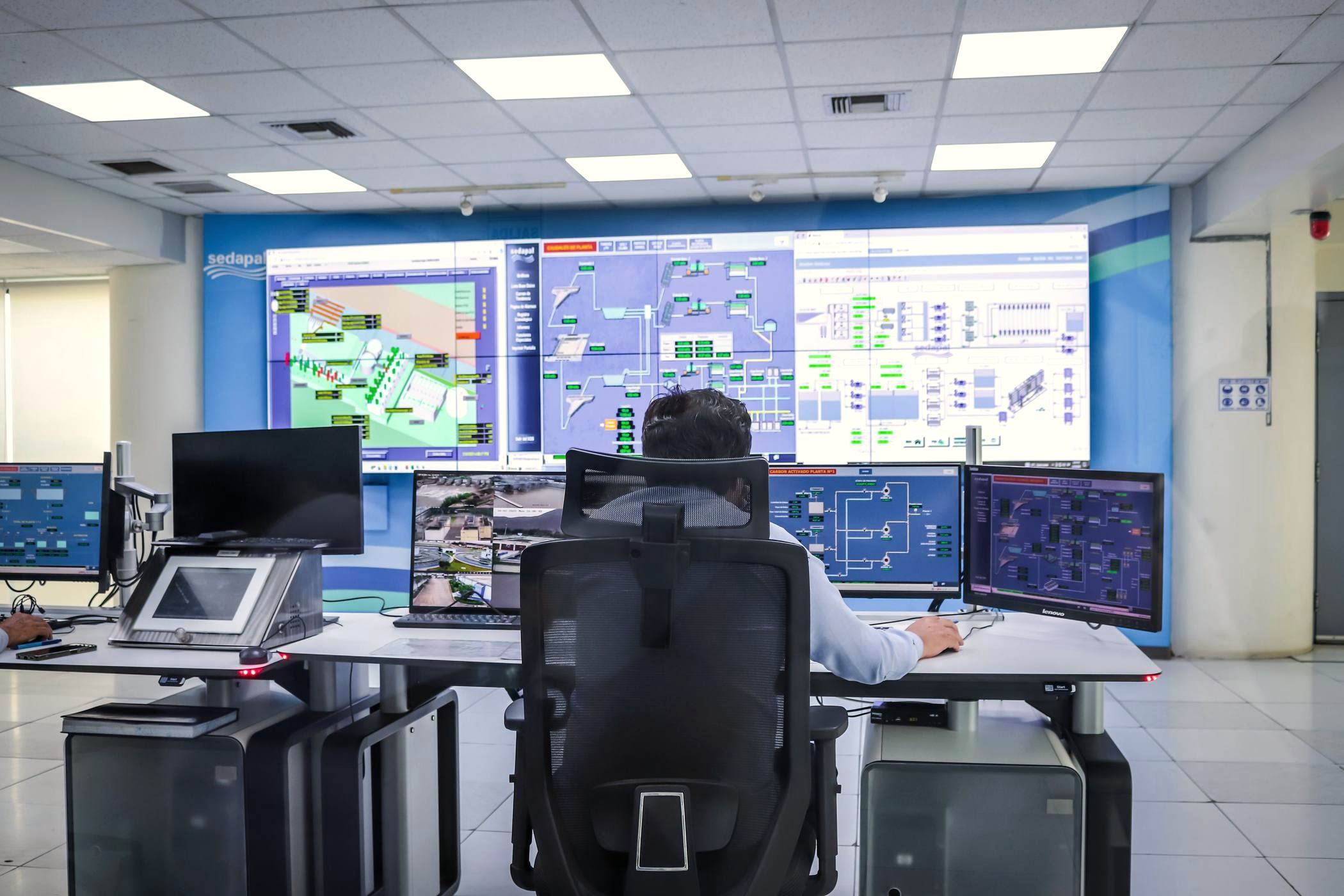 Operators in a calm security operations centre facing a wall of city video feeds